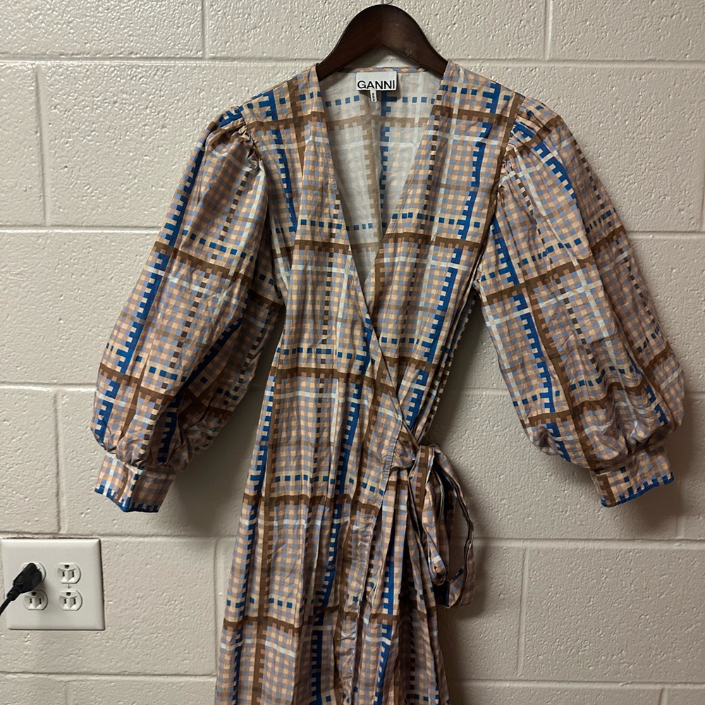 GANNI Checked Cotton-poplin Wrap Midi Dress Size 38 Medium 6 - Picture 4 of 13